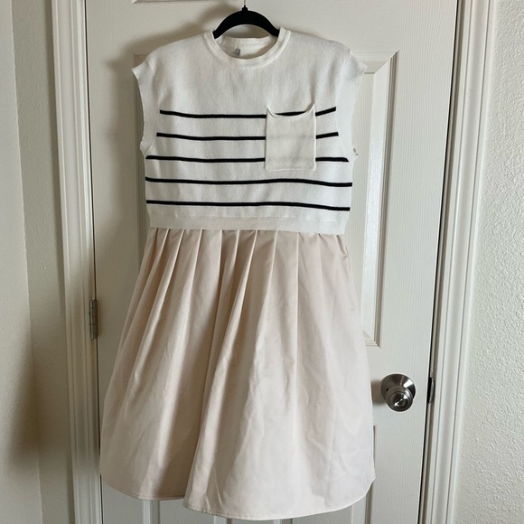 Womens Dresses Striped Knit Top Pleated Loose Swing Mini Short Sleeve Dress S - Picture 2 of 15